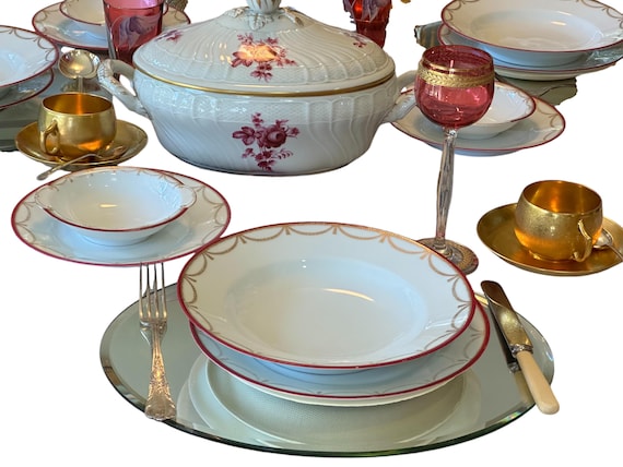 32Pc Antique Bavarian China Service for Eight Neoclassic Styled Deep Rose Pink Rims Gilded Swags Family Heirloom Festive Christmas Table