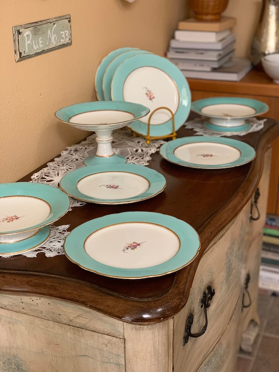 Antique Aqua English Dessert Set: 6 English Dessert Plates 3 Compotes Gilded Rims Hand Painted Florals (1825 1840)