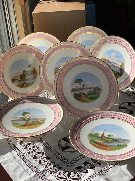 1860 Soft Pale Pink English Dessert Set w Hand Painted White Jeweled Beading and Gilded Accents, Timeless and Heirloom Quality