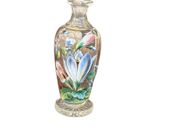 Antique French Glassware Baccarat Perfume Bottle Hand Painted Enameled Florals with Butterfly Gilt Trim, Christmas Gift, Circa 1920s
