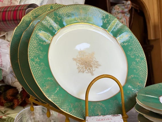 Three Antique French Limoges Dinner Plates w Rich Green Borders Wide Embossed Gilded Features Holiday Table Heirloom Quality C1892 1932