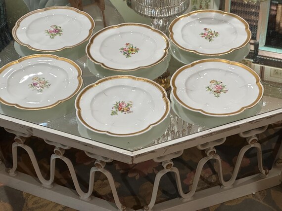 Antique English White Dessert Plates: Hand-Painted Floral Bouquet Greek Key Gilt Embellishments 1820s Coalport