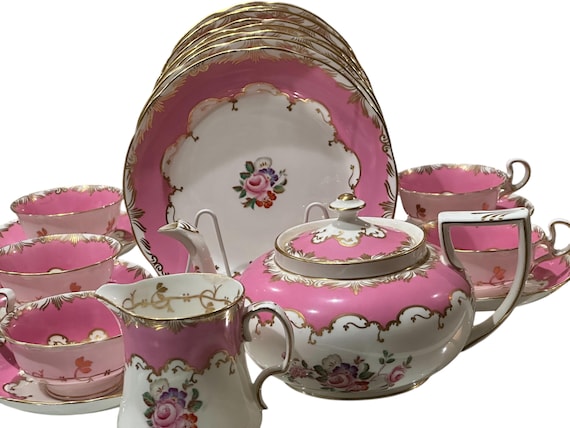 VintageEnglishFloral Porcelain Tea Set: Pink Gilt 14-Piece Teapot Cups and Saucers 1883 1955