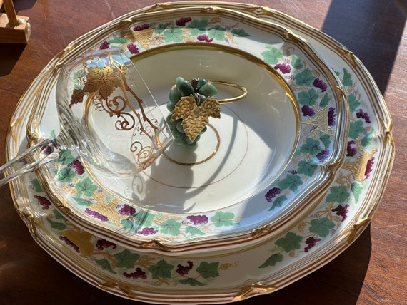 Rare Antique Davenport Dinnerware Set for 5 w French Louis XVI Gold Crossed Ribbon Motif Heirloom Quality Wedding Gift Circa 1830