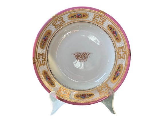 Antique Pink English Soup Plate, Gilt, Hand Painted Floral Panels, Greek Key Accent, Story and Son, London, Gift for Her, Circa 1868