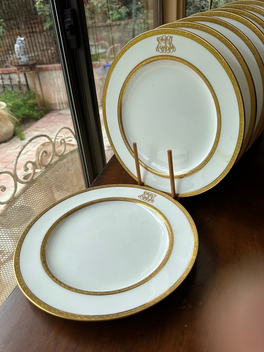 11 Antique Minton Monogrammed Dinner Plates W Raised Double Gilded