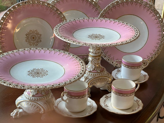 Pink Georgian Worcester Dessert Set Pierced Rims Gilded Embellishments