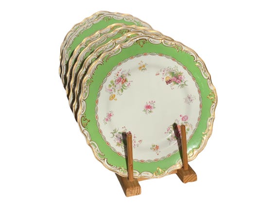 12 Antique Spode Dinner Plates with Spring Green Border, Hand Painted Florals, Molded Scalloped Gilded Rims Wedding Gift Cabinet Display