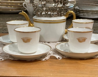 9Pc Antique Old Paris Assembled Tea Set w Crisp White Ground,  Gilded Crown and Trim, 4 Teacups, 4 Saucers, Teapot Circa 1800s