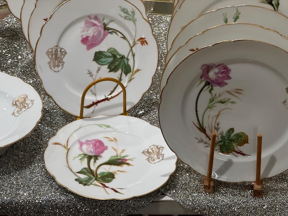 Pink Floral Old Paris Dinner Set Monogrammed by Joseph Klotz  Gilded Rims 19pcs