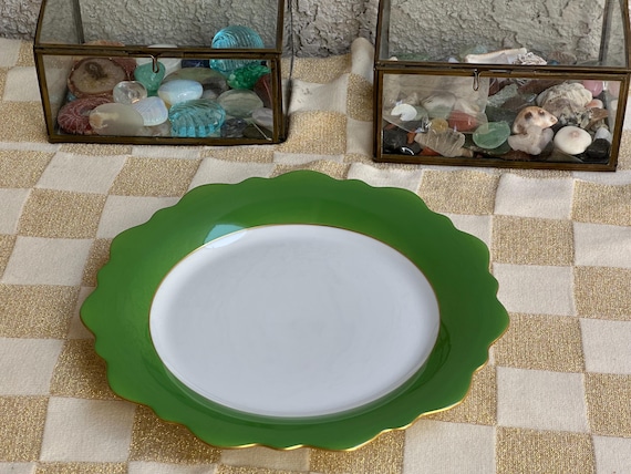 Jean Louis Coquet Limoges Dinner Plate: Green Border Gold Scalloped  Rim French Porcelain