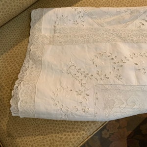 Large French Embroidered Ecru Linen Tablecloth,  Laced Panels, Filet Lace Border, Center Monogram, Cut Work, Freshly Laundered, 50X100Inches