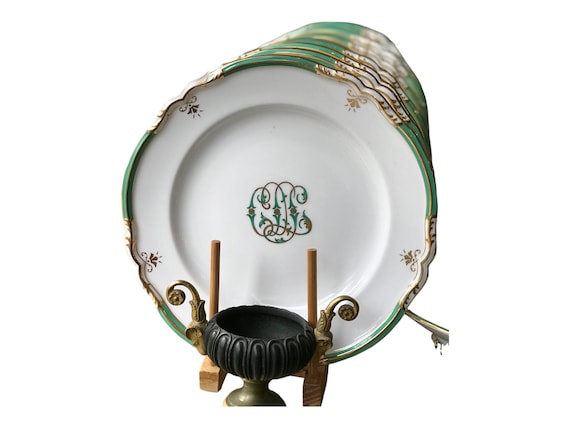 Rare Antique Green Monogrammed China Set 12 Copeland Spode Dessert Plates Scalloped Rims  Family Heirloom Wedding Gift for Bride Circa 1901