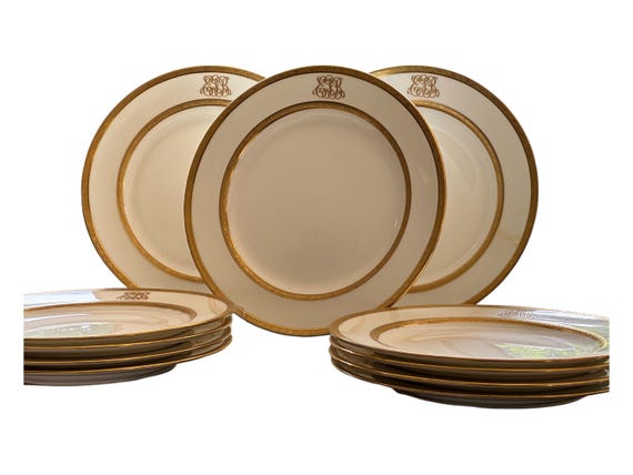 11 Antique Minton Monogrammed Dinner Plates w Raised Double Gilded Trim, EGB Monogram, Wedding China, Timeless Classic, Circa 1891 1932