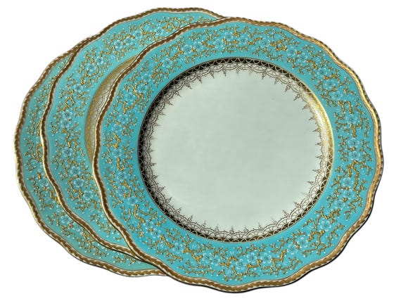 1842 Rare Aqua Cauldon Dinner Plates with French Enamel Pate Sur Pate Border Scalloped Rims 10 Inches