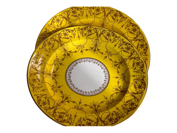 Antique Shelley Dinner Plates: Golden Yellow with Gilded Border, Circa 1910-1925