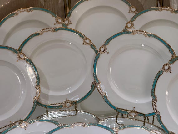 1850 Minton Aqua Dinner Plates: Embossed Neoclassic Gilt Scalloped Rims