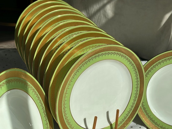 12 Green Wedgwood Dinner Plates with Embossed Gold Designs Perfect for Holiday Gatherings