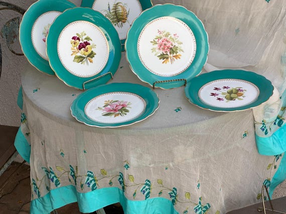 Antique English Botanical Dessert Plates: Turquoise Border Hand Painted Floral Center, Gilded Scalloped Rims