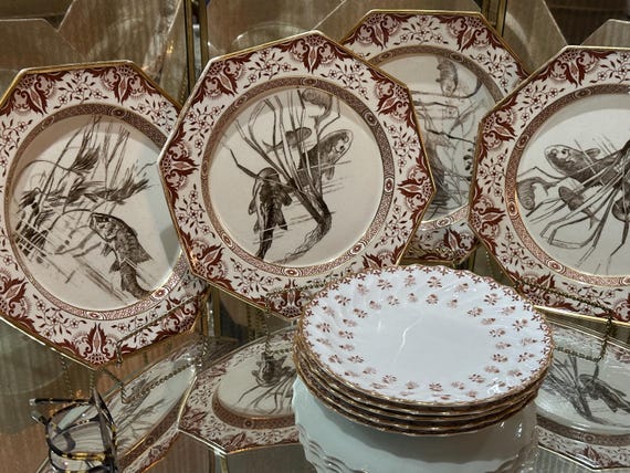 Antique 1875 Minton Octagonal Fish Plates: Denmark Pattern with Iron Red and Gilt Trim