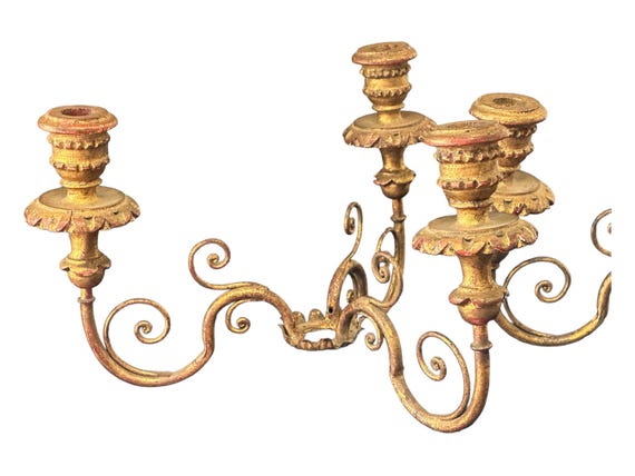 Partial Antique French Candelabra, Metal and Wood, 6 Candle Holders, Hand Painted, Gilded, Great Patina, Tabletop Candlelight Use