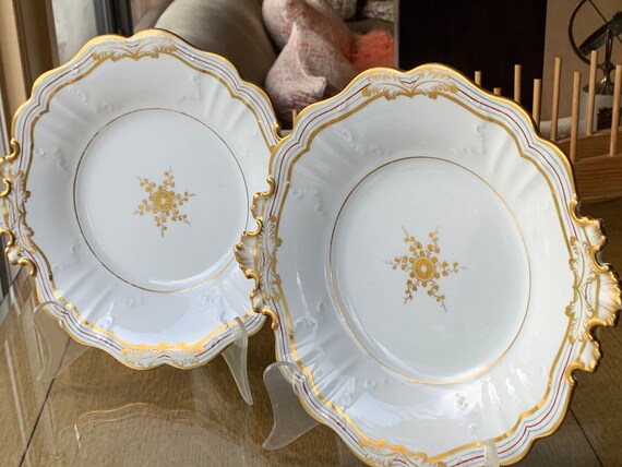 Antique Pair John Ridgeway White Serving Plates, Footed w Gilded Scalloped Rims and Medallion, Wedding Gift, Timeless Elegance, C 1835 1840