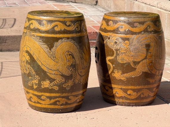 Vintage Pair Asian Garden Seats: Etched Amber Toned Dragons, Greek Key