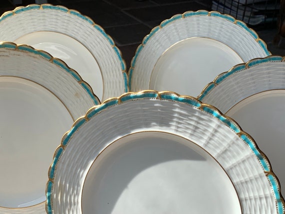 5  Antique Copeland Spode Turquoise Dessert Plates w Basketweave Border,Scalloped Rims,Gilt Embellishments, Circa 1850