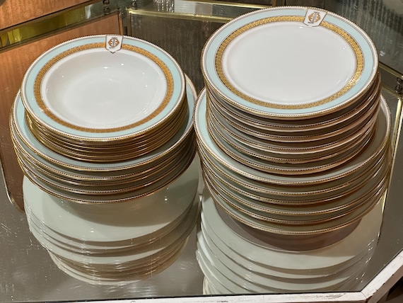 Vintage 1800s Aqua Monogrammed William Fairbairns China Set: 23 Pieces with Gilt Embellishments