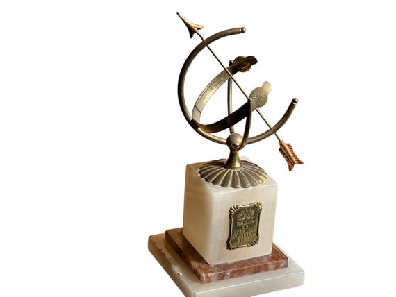 MidCentury Brass Armillary Sphere  Gnomon Shadow Clock Mounted on Alabaster Base Desk Display Gentleman Library Accessory Gift for Him