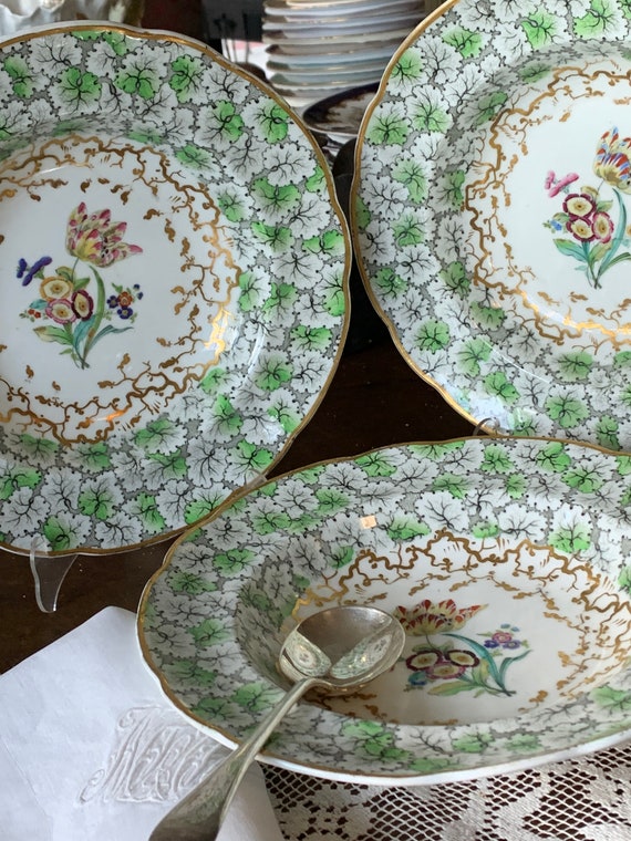 Antique Grainger Worcester Soup Plates, Botanical Decor, Gilded Rim, Set of 3