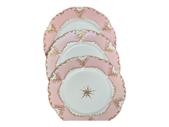 Antique Pink French Dessert Plates: Gilded Scalloped Rims Medallion Heirloom Wedding Gift