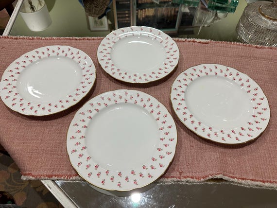 Four Antique Minton Dinner Plates: Enameled Rose Pink Roses Birthday Gift  Circa1820 1887