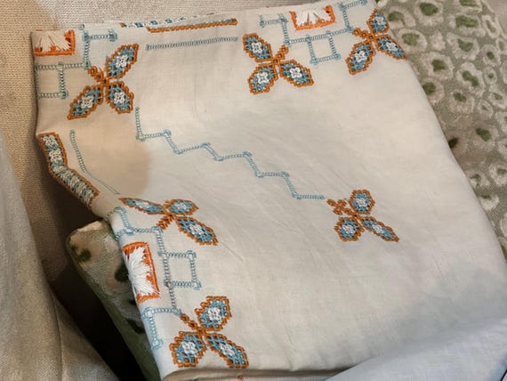 Vintage French Linen Tablecloth with Aqua Embroidered Cutwork  with Six French Compatible Napkins  Gift for Collector Hostess Gift
