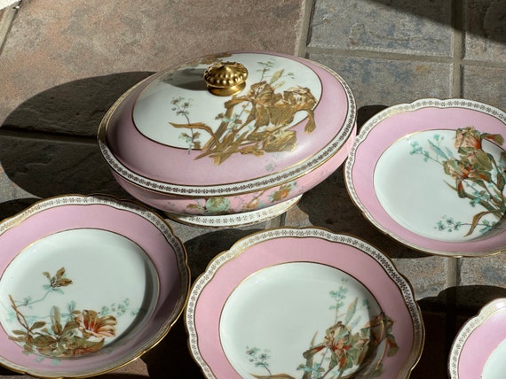 Antique French Pink Soup Bowl Set for 8 with Florals and Gilded Details