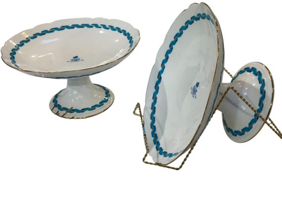 Antique Coalport Tazzas Hand Painted Turquoise Ribbon and Gilt Garland Regency Dessert Stands 1910 1825