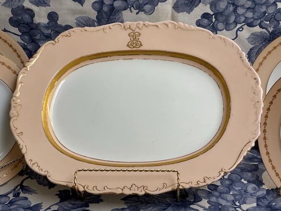 Antique English Serving Platter and  Four French Dessert Plates Set Circa 1800s Gilded Rim Scalloped Shape