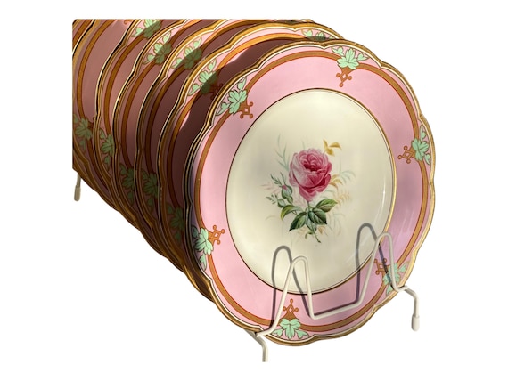 Rare Antique Lavender Davenport Botanical Dessert Plates: hand-Painted Floral Set with Gilt Border 1870 1886