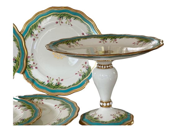 Rare 1868 English Dessert Service for 4 w Hand Painted Green Leaves, Floral Sprigs, 4 Dessert Plates, Matching Tall Compote, Serving Dish,