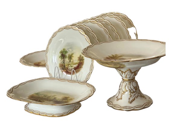 Vintage Minton China Dessert Set with Hand Painted Landscape Scalloped Basketweave Rim for Wedding Gift