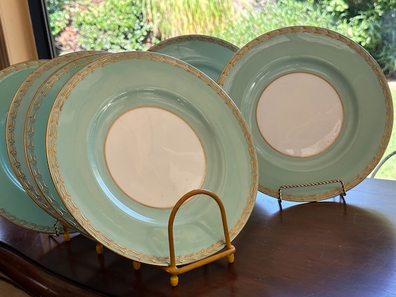 6 Vintage Royal Worcester Dinner Plates Wide Mint Green Border w Raised Gilded Rims Family Heirloom Wedding Gift for Bride Circa 1940