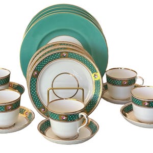 Vintage Royal Worcester China Set: Green Border, Floral Tea Set