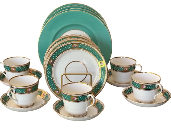 Elegant 17pc China Set: Green Border Dinner Plates & Floral Tea Set- Family Heirloom Wedding Gift