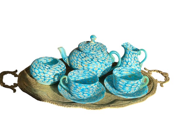 8Pc Antique Teal Murano Art Glass Tea Set For 2 Millefiori Work Family Heirloom Christmas Gift for Collector  Cabinet Display Circa1900 1909
