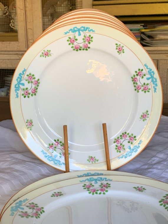 Tiffany and Company Yellow Dinner Plates: Enameled Blue Ribbons and Pink Roses