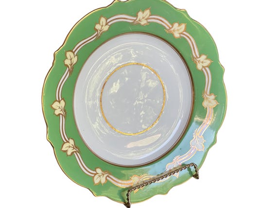 10 Rare Antique Samuel Alcock Green Dessert Plates w Stylized Yellow Florals, Gilt Scalloped Rims, Heirloom Quality, Circa 1822 1859