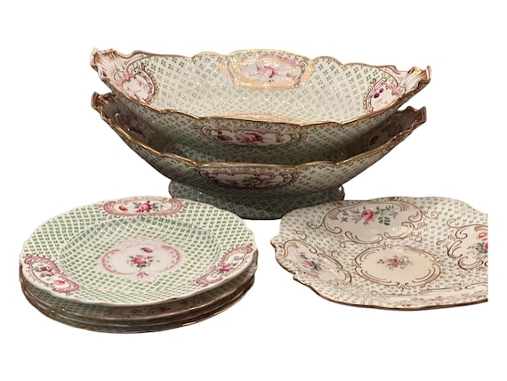 Antique China Set Floral Medallion Enameled Bowls Heirloom Gift c1815