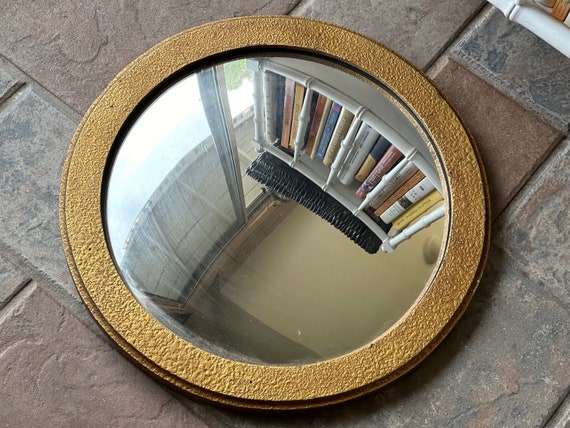 Antique Convex Mirror with Textured Gilded Frame 17" Round Masculine Timeless Circa 1906