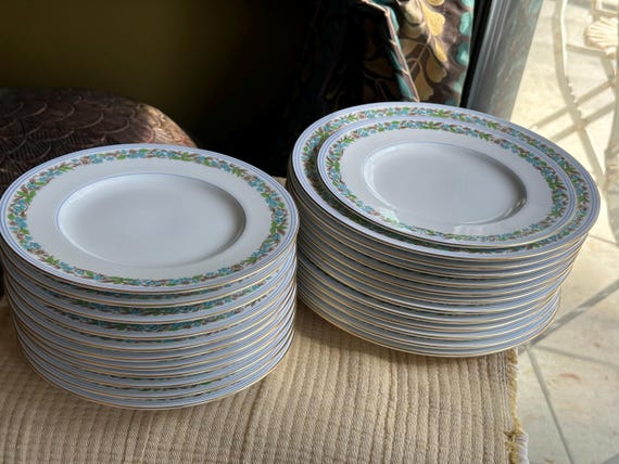 Vintage 1938 Minton Dinnerware Set: Hand-Painted Turquoise Florals 24pc Wedding Gift