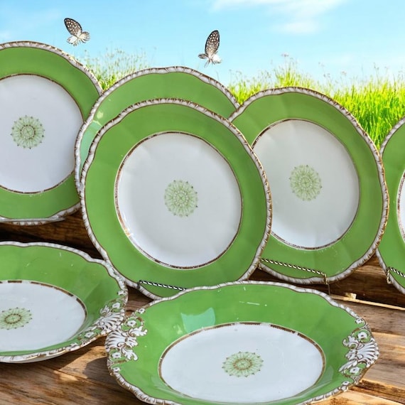Antique Green China Dessert Set with Scalloped Rims and Gilded Design